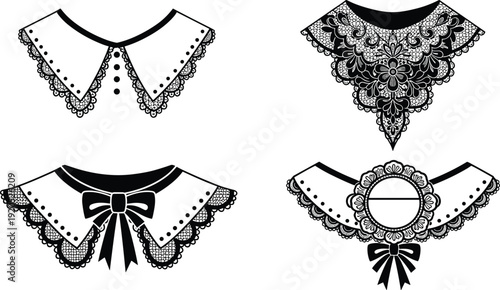 Black and white vector silhouette set of ornate lace collars with floral patterns embroidery and bows for vintage fashion design and elegant apparel branding