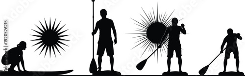 Stand Up Paddleboarding Silhouettes Set, SUP Water Sport Vector Illustration, Black and White Outdoor Adventure, Paddle Board Athletes Collection