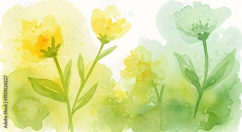 Soft yellow watercolor flowers with green leaves and blurred background