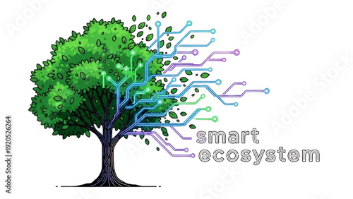 Black outline colorful art of green tree with branches turning into neon network nodes, smart ecosystem visualization