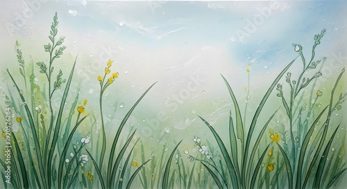 Watercolor painting of tall green grass and small yellow wildflowers