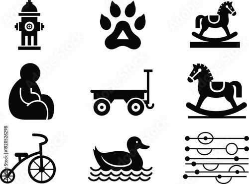 Black vector silhouette icon set featuring a rocking horse rubber duck tricycle wagon fire hydrant and animal paw print for nursery and childhood branding