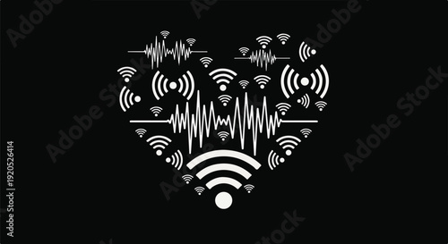 Heart shape made of Wi-Fi symbols and sound waves on black background, representing love for technology and connection