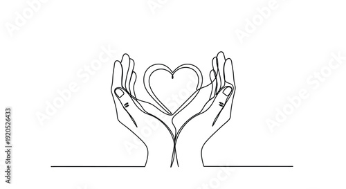 Hands gently cradling a heart shape in a simple line silhouette