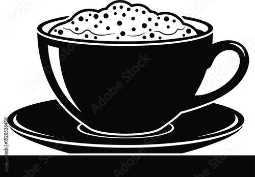 Black vector silhouette of a coffee cup on a saucer with thick foam or whipped cream for cafe bakery breakfast and hot beverage branding