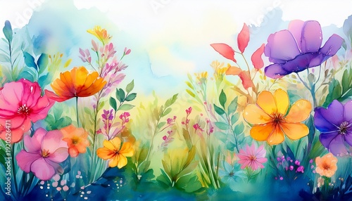 vibrant watercolor blooms lush foliage bright colors meadow delicate