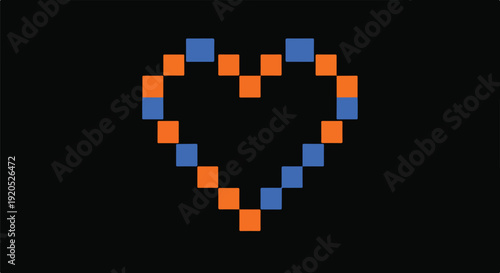 Pixelated heart shape made of blue and orange squares on a black background, retro digital art