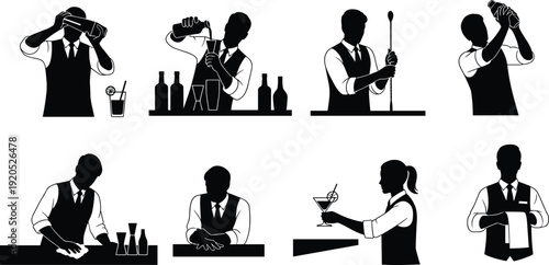 Bartender silhouettes mixing cocktails serving drinks and cleaning bar representing hospitality service industry concept set