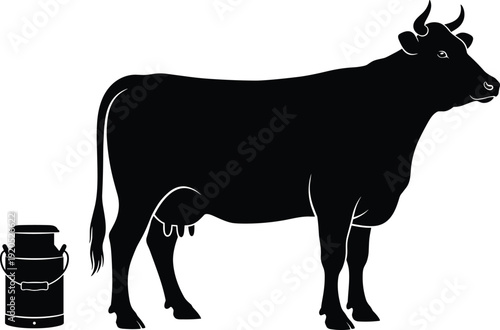 Black vector silhouette of a domestic dairy cow standing next to a traditional metal milk can for farm fresh agriculture and dairy branding