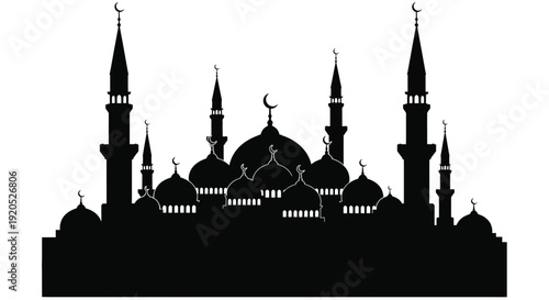 Black silhouette of a majestic mosque with crescent moon details silhouette
