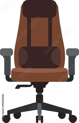 Ergonomic brown office chair illustration with adjustable armrests and lumbar support on white background