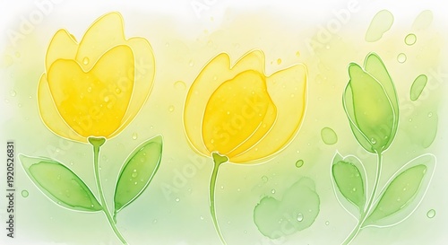 Three delicate yellow and green watercolor tulips on a soft background