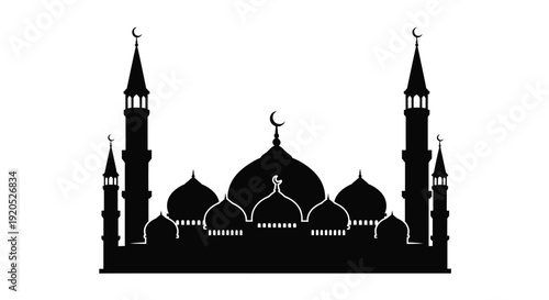 A striking black mosque illustration with crescent moons a bold silhouette