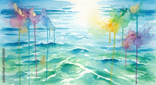 Abstract watercolor painting of flowers and water with bright sun
