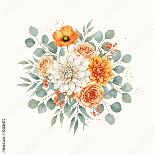 Wallpaper Mural A vibrant watercolor bouquet featuring roses, poppies, and eucalyptus leaves in a soft palette Torontodigital.ca