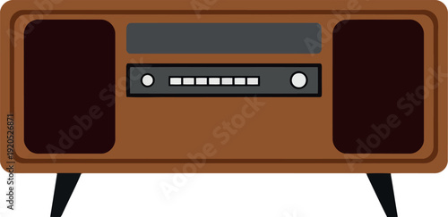 Retro vintage radio illustration with wooden cabinet and black legs isolated on white background