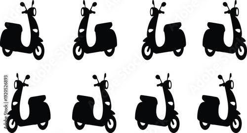 Eight black silhouette scooter arranged in two rows on a white background transportation