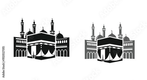 Two black silhouettes of the kaaba in mecca islamic holy site silhouette