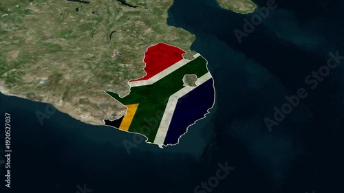 SOUTH AFRICA Map with SOUTH AFRICA Flag Inside, Realistic Country Shape Animation