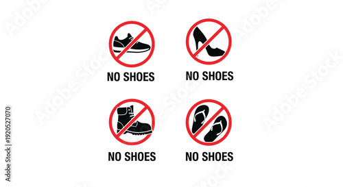 No shoes allowed warning signs depicting footwear in circles silhouette
