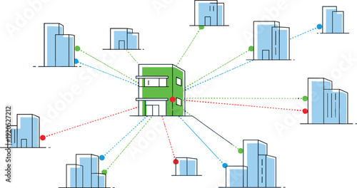 Central Hub Urban Network Vector Illustration Featuring Connected Buildings, Smart City Infrastructure, and Corporate Franchise Distribution Concept for Business Logistics and Real Estate Graphics