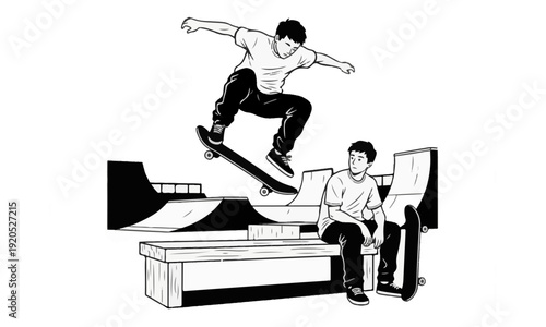 Skateboarders Performing Trick and Resting in Skatepark Scene