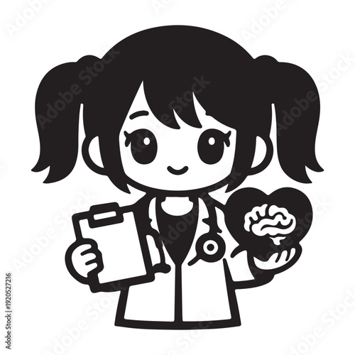Cute Girl Doctor Holding Heart Brain Cartoon Icon