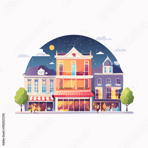 Charming European street scene with quaint shops and apartments at dusk