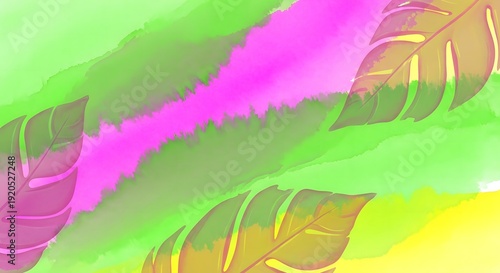 Abstract watercolor background with leaves and vibrant color splash
