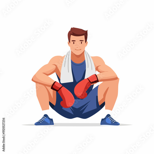 Muscular boxer resting after training session wearing red boxing gloves and blue shorts