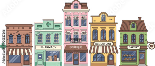 Charming City Street Vector Illustration Featuring Vintage Storefronts with Pharmacy, Boutique, Restaurant, and Bakery for Local Business Marketing and Urban Architecture Designs