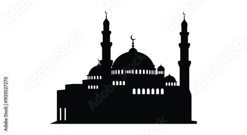 Dramatic black silhouette of a mosque with crescent moon silhouette