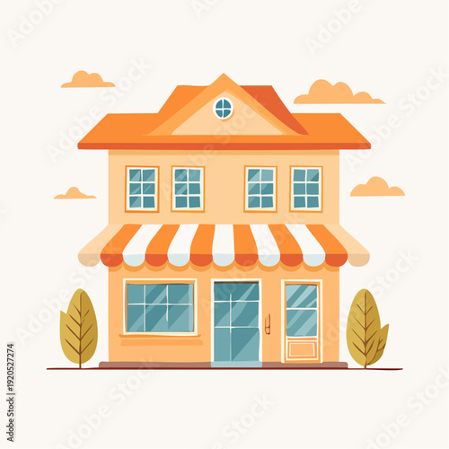 Cozy Orange Storefront with Awning and Trees Illustration