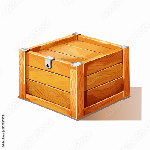 A wooden crate with metal corner reinforcements and a latch for secure storage