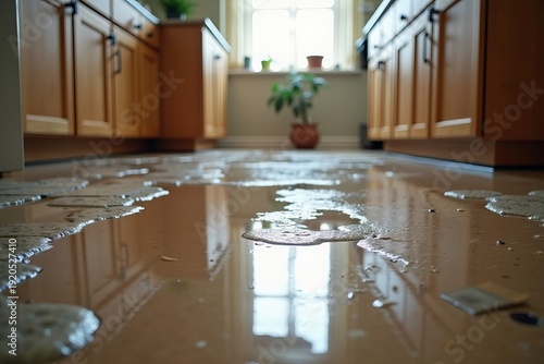 Close-up Image of Kitchen Floor Flooded by Water Leak, Revealing the Havoc Wrought by Unforeseen Disaster.