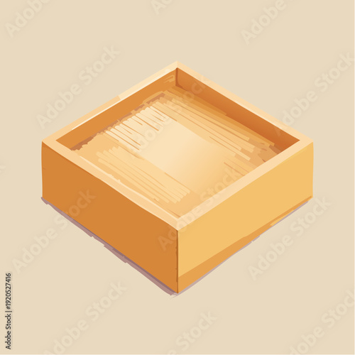 Isometric wooden box with granular material, clean background illustration