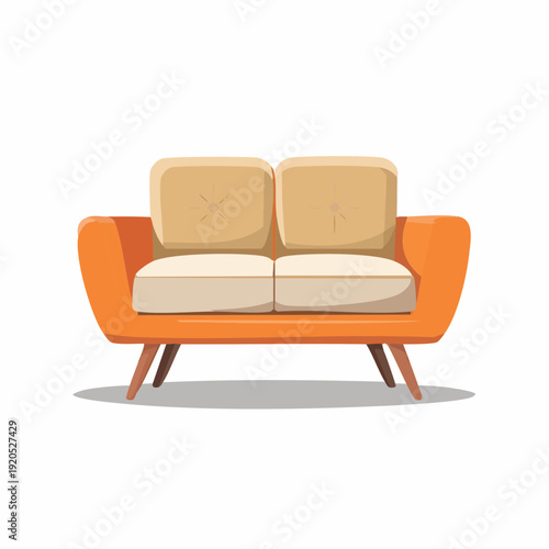 Modern orange two-seater sofa with light beige cushions on wooden legs