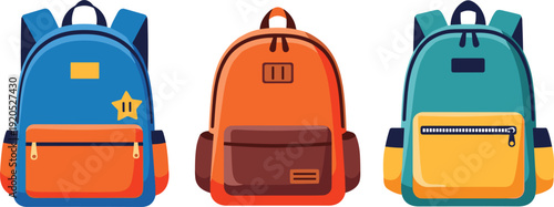 Colorful School Backpack Vector Icon Set with Front Pockets and Zippers for Back to School Promotions, Educational Designs, and Childrens Travel Illustrations