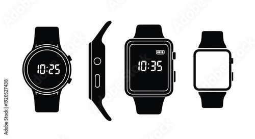 Four different smartwatches displayed in a black silhouette