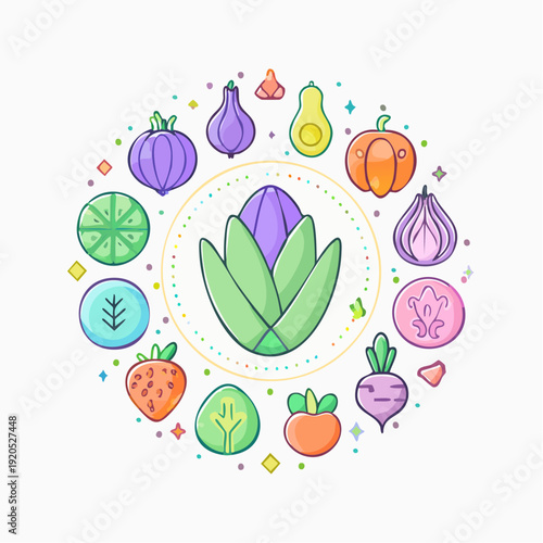 Charming circular illustration featuring a vibrant collection of fresh, wholesome fruits and vegetables, symbolizing healthy eating and natural lifestyle