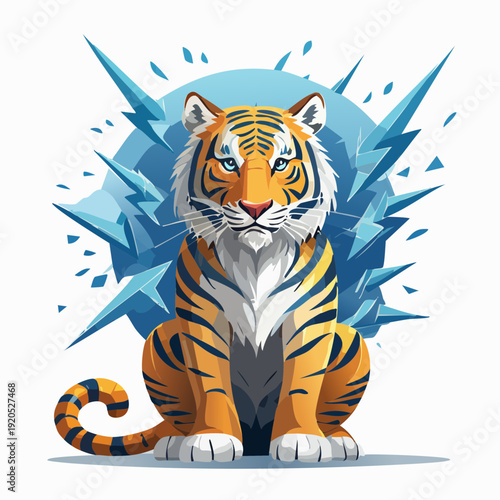 Majestic Tiger Amidst Shattered Ice Fragments with Electric Blue Accents