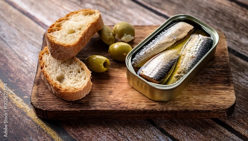 delicious open sardine can with olives and crusty bread ready for a gourmet snack on rustic wood