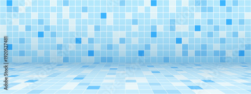 Pool tile mosaic pattern on the walls and floor. Perspective of bathroom, toilet room or swimming pool for interior or product designs. Light blue ceramic surface. Square pixel vector illustration