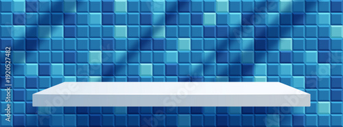 Blue ceramic tile, horizontal pattern for bathroom, kitchen, toilet, swimming pool scene. Bright blue 3d square wall mosaic with empty shelf as product podium for presentation, vector illustration