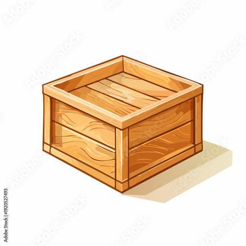 Simple isometric illustration of an empty open wooden crate for packing, shipping, or storage