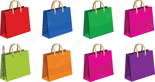 Colorful Shopping Bag Vector Set Featuring 3D Perspective Paper Bags in Red, Blue, Green, and Pink for Retail Marketing, E-commerce, and Seasonal Sale Promotions