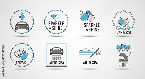 Collection of car wash and auto spa logos and icons.