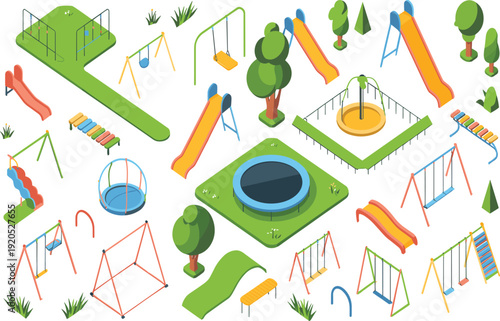 Isometric playground equipment collection with swings slides trampolines and trees