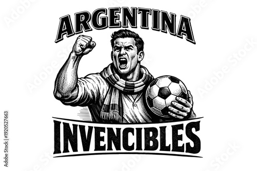 Passionate male soccer fan with ball cheers for Argentina