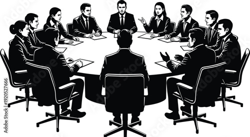 Corporate Round Table Meeting Vector Illustration with Business Professionals in a Boardroom Discussion for Leadership, Collaboration, and Strategic Planning Concepts